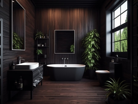 Interior of modern bathroom with dark wooden walls, wooden floor, comfortable bathtub standing on wooden countertop and black sink with mirror. 3d renderingの写真素材