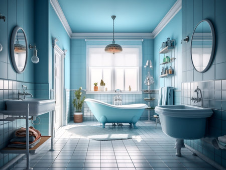 Bathroom with blue walls, tiled floor and blue bathtub. 3d rendering