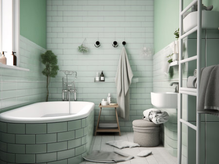 Bathroom interior with green tile wall, bathtub and sink. 3d renderingの写真素材