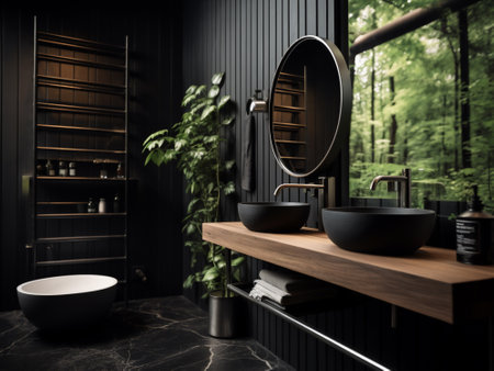 Bathroom interior with black walls, concrete floor, black bathtub and round sink standing on wooden shelf. 3d renderingの写真素材