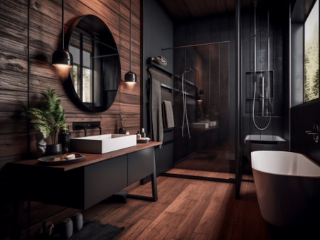 Modern black bathroom interior with wooden walls, wooden floor, black bathtub and mirror. 3d renderingの写真素材