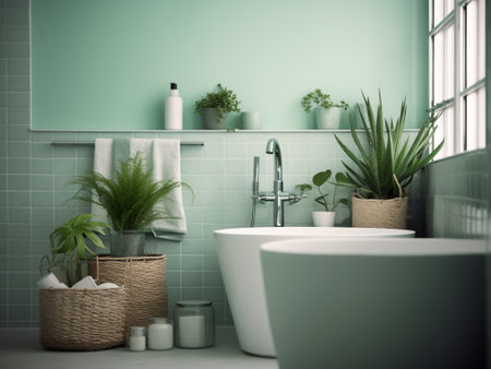 Bathroom interior with white bathtub, green wall and plants. 3d renderingの写真素材