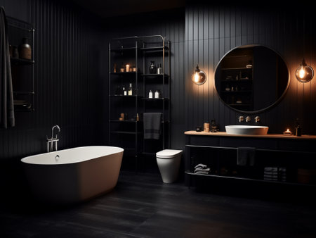 Dark bathroom interior with black walls, wooden floor, black bathtub and round mirror. 3d renderingの素材