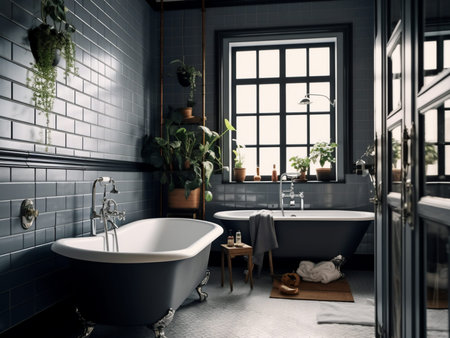 Interior of modern bathroom with black tile walls, tiled floor, comfortable bathtub standing near...