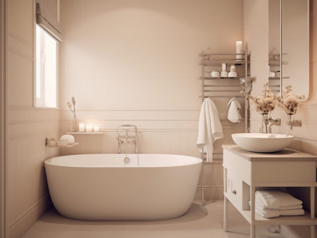 Bathroom interior in beige tones. Bathtub, towels and candles. 3d rendering