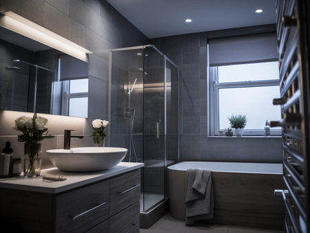 Interior of modern bathroom with black tiled walls, comfortable bathtub and shower stall