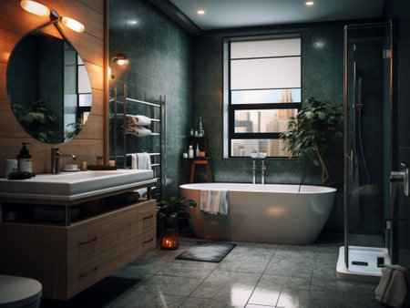 Interior of modern bathroom with dark gray walls, tiled floor, comfortable white bathtub and round mirror. 3d renderingの素材