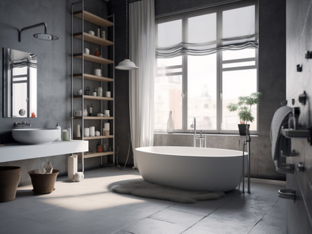 Interior of modern bathroom with gray walls, concrete floor, comfortable white bathtub standing near window and shelves with towels. 3d renderingの写真素材