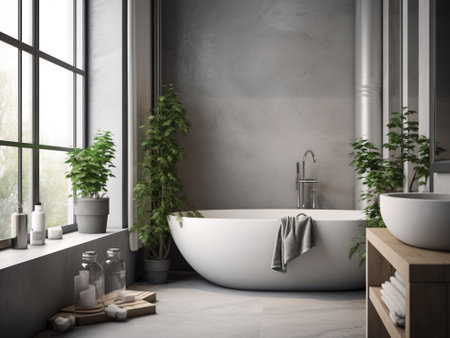 Interior of modern bathroom with gray walls, concrete floor, comfortable white bathtub standing near the window and green plants. 3d renderingの写真素材