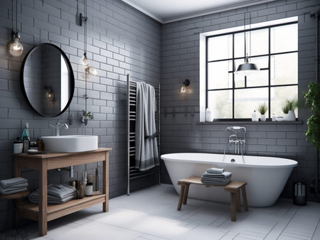 Bathroom interior with white brick walls, tiled floor, white bathtub and round mirror. 3d rendering
