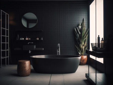 Dark bathroom interior with black walls, concrete floor, black bathtub and round mirror above it. 3d renderingの素材