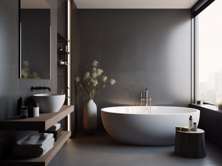 Interior of modern bathroom with gray walls, concrete floor, comfortable white bathtub and round mirror. 3d renderingの写真素材