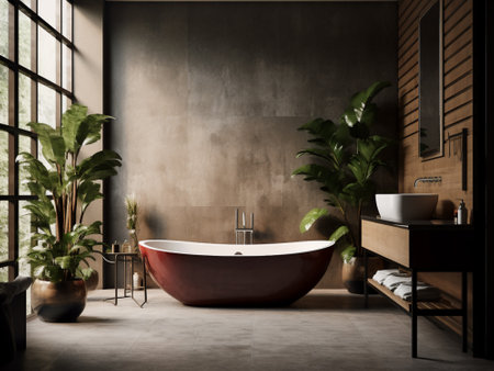 Interior of modern bathroom with concrete walls, concrete floor, comfortable bathtub and green plants. 3d renderingの写真素材