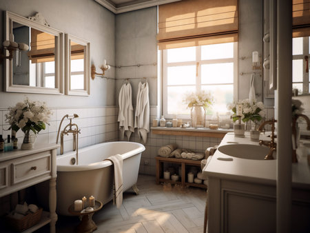 Bathroom interior with bathtub, mirror, sink, mirror and towelの写真素材
