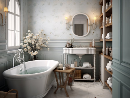 Bathroom interior in classic style. 3d rendering. bathtub and mirrorの写真素材