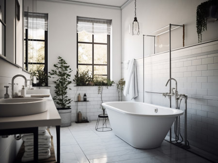 Bathroom interior with tiled floor and white bathtub.の写真素材