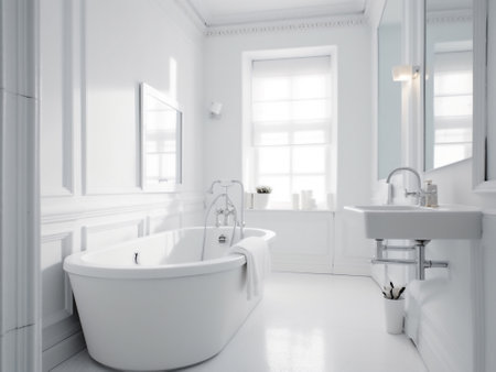 Luxury bathroom with white walls, white floor, white bathtub and round mirror. 3d renderingの写真素材
