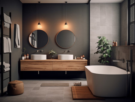 Luxury bathroom interior with black walls, concrete floor, comfortable bathtub and round mirror. 3d renderingの素材