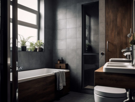 Interior of modern bathroom with black and white tile walls, wooden floor, comfortable bathtub and...