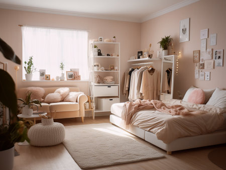 Cozy bedroom interior with comfortable bed and wardrobe. toned imageの写真素材