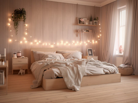 Bedroom interior with christmas lights on the wall. 3d renderingの素材