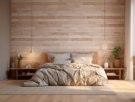 interior of modern bedroom with wooden wall, 3d render illustrationの写真素材
