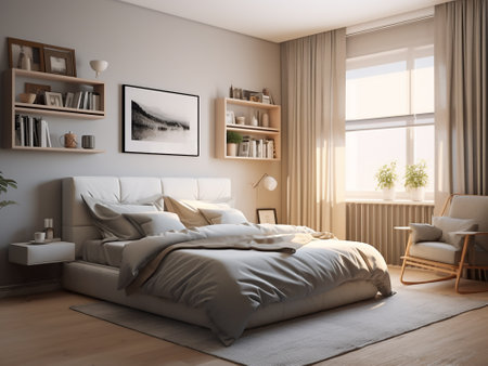 Interior of modern bedroom with beige walls, wooden floor, comfortable king size bed and coffee table. 3d renderingの写真素材