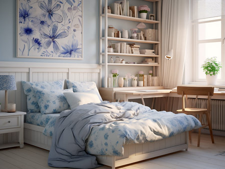 3d render of a bedroom interior with a bed and a bookcase