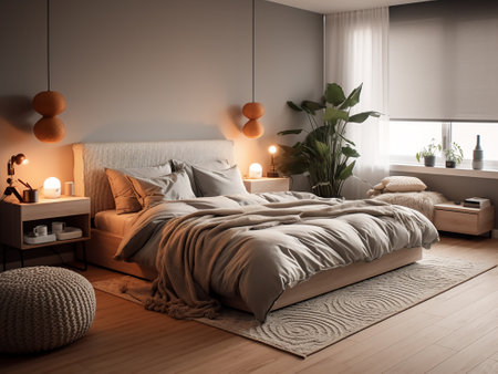 Interior of modern bedroom with beige walls, wooden floor and comfortable king size bed. 3d renderingの写真素材