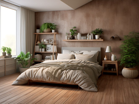 3d rendering cozy bedroom with brown walls, wooden floor, comfortable king size bed and bookshelf.の写真素材
