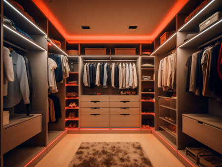 Interior of a modern wardrobe with wooden furniture and red lights.の写真素材