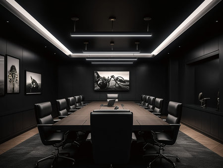 Modern conference room with black walls, wooden floor and rows of black chairs. 3d rendering
