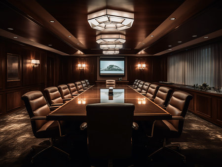 Interior of a conference room with a long table and chairs.
