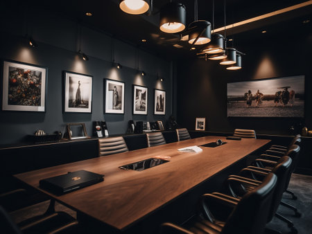 Interior of a modern conference room with black walls and wooden floorの素材