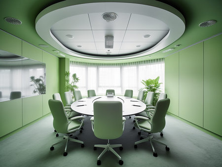 Green meeting room with a round table and green chairs. 3d renderingの写真素材