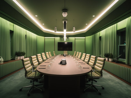 Interior of a modern conference room with green walls and wooden floorの素材