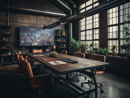 Modern conference room interior with city view. Mockup, 3D Renderingの写真素材