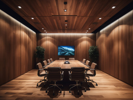 Interior of modern conference room with wooden walls and wooden floor 3D renderingの写真素材