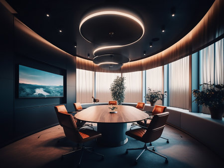 Interior of modern meeting room with wooden table and chairs. 3D renderingの写真素材