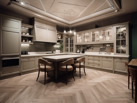 Modern kitchen interior in luxury house with wooden floor. Nobody inside.