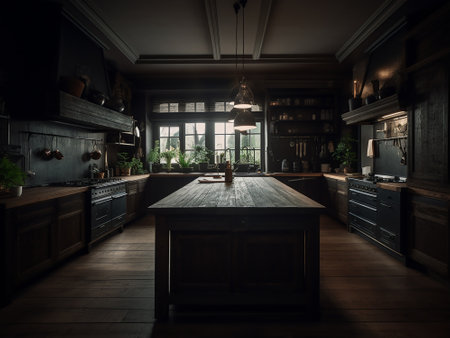 3d render of a vintage kitchen in a dark room with a big windowの写真素材