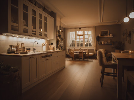 Interior of modern kitchen at night. Toned image with selective focusの写真素材