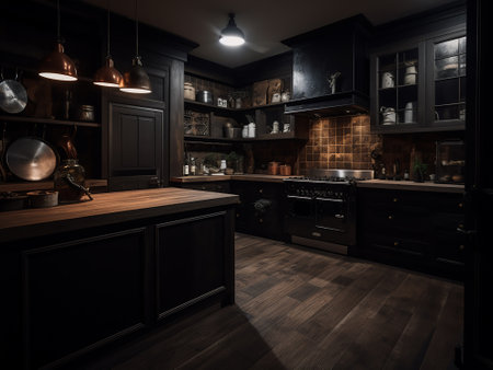 Interior of a rustic kitchen with black cabinets and wooden floorの写真素材