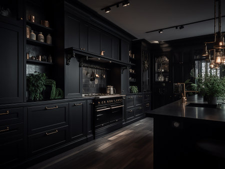 Luxury black kitchen interior design. 3d rendering mock upの写真素材