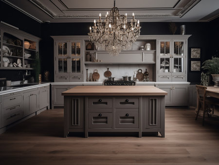 Interior of a luxury kitchen in classic style. 3d renderingの写真素材