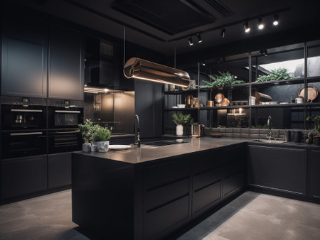 Luxury kitchen interior with black countertops and black cupboardsの写真素材