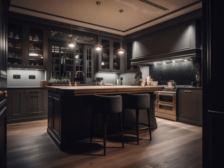 Kitchen interior with black furniture and wooden floor. 3d renderingの写真素材