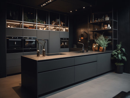 Interior of modern kitchen with black walls, concrete floor, black countertops and dark wooden cupboards. 3d renderingの写真素材