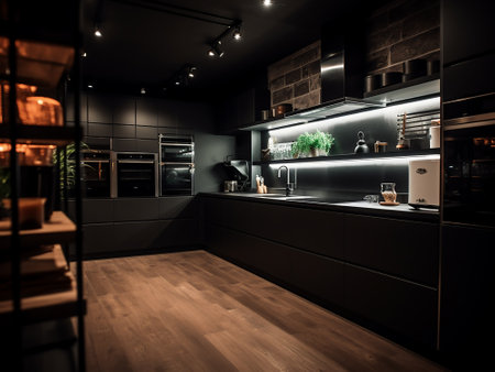 Modern black kitchen interior design. black and white. 3d renderingの写真素材