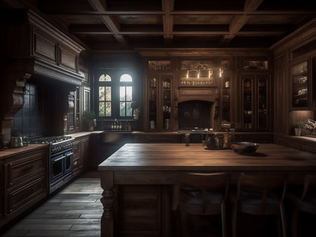 3D rendering of an old kitchen in a dark room with wooden furnitureの写真素材